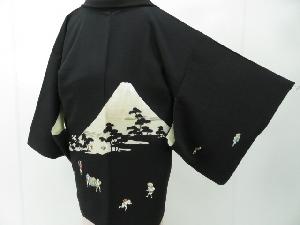 大正ロマン　黒羽織　富士山に時代人物文　絵羽羽織　羽織紐付き